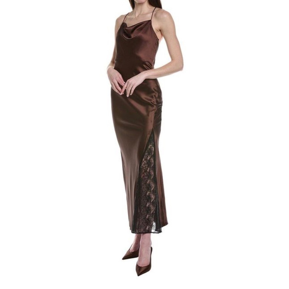 Line and Dot Brown Satin Cowl Neck Lace Slit Maxi Dress Small Open Back - Picture 2 of 12